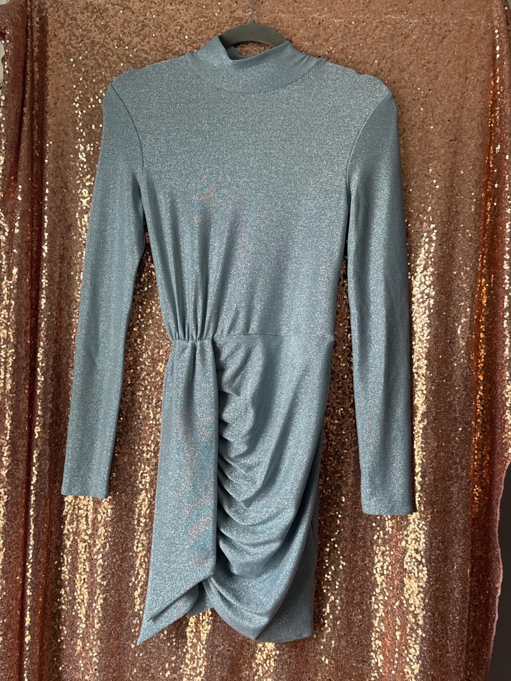REFORMATION Shimmery Slate Ruched Long-Sleeve Mini Dress